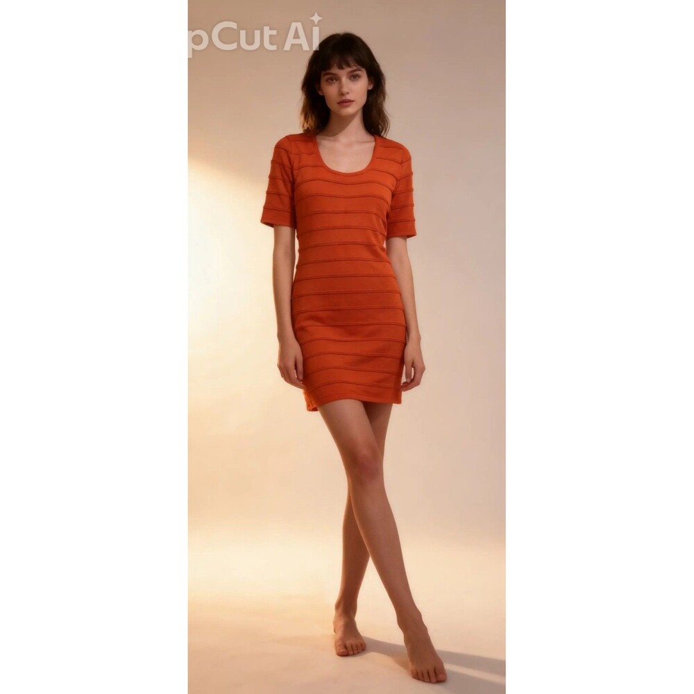 Calvin Klein Orange Striped Knit Scoop Neck Short Sleeve Sheath Short Dress L